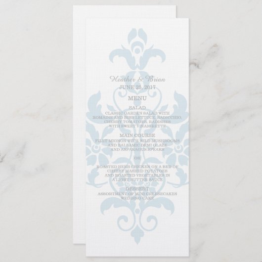 Menu Blue Subtle Damask Wedding (Voorkant / Achterkant)