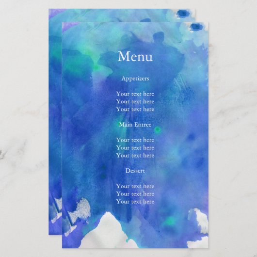 Menu Blue Waterverf Wedding (Voorkant / Achterkant)