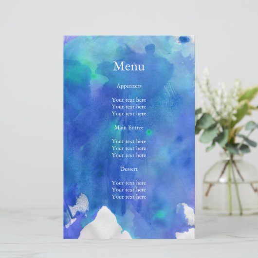 Menu Blue Waterverf Wedding (Staand voorkant)
