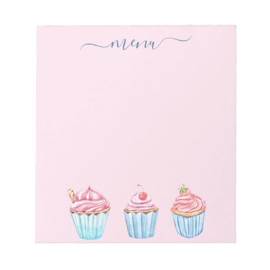Menu blush roze bakken blauwe cupcakes notitieblok (Voorkant)