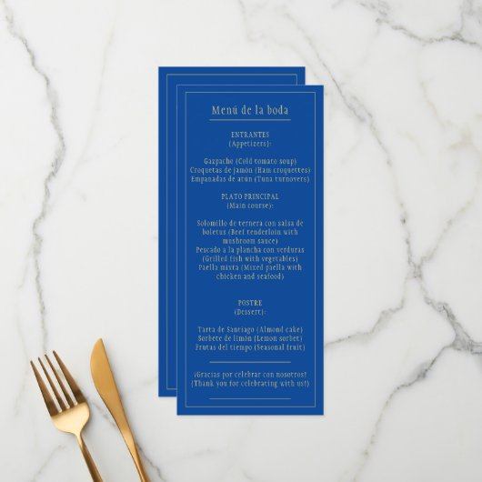 Menú Bodas Oro Azul Bilingüe Español Inglés Menu (Voorkant / Achterkant in situ)