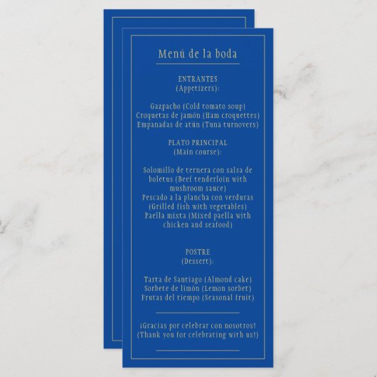 Menú Bodas Oro Azul Bilingüe Español Inglés Menu (Voorkant / Achterkant)