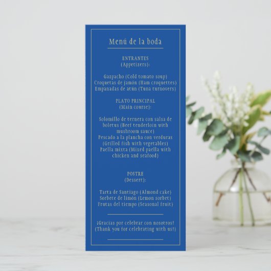 Menú Bodas Oro Azul Bilingüe Español Inglés Menu (Staand voorkant)