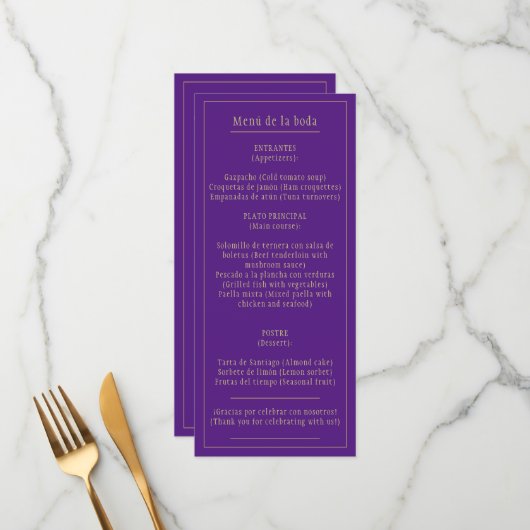 Menú Bodas Oro Morado Bilingüe Español Inglés Menu (Voorkant / Achterkant in situ)
