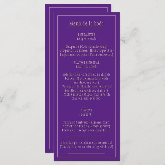 Menú Bodas Oro Morado Bilingüe Español Inglés Menu (Voorkant / Achterkant)