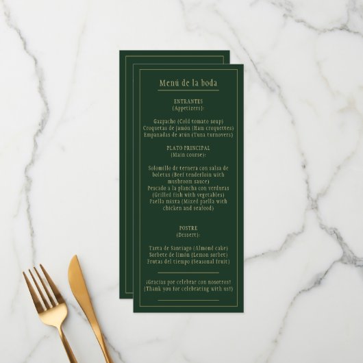 Menú Bodas Oro Verde Bilingüe Español Inglés Menu (Voorkant / Achterkant in situ)