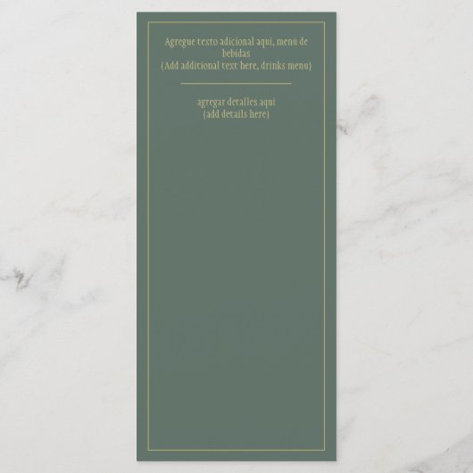 Menú Bodas Oro Verde Oliva Bilingüe Español Inglés Menu (Achterkant)