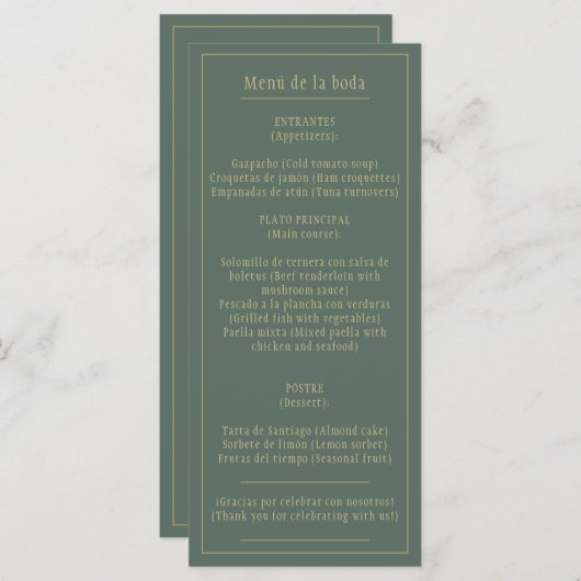Menú Bodas Oro Verde Oliva Bilingüe Español Inglés Menu (Voorkant / Achterkant)