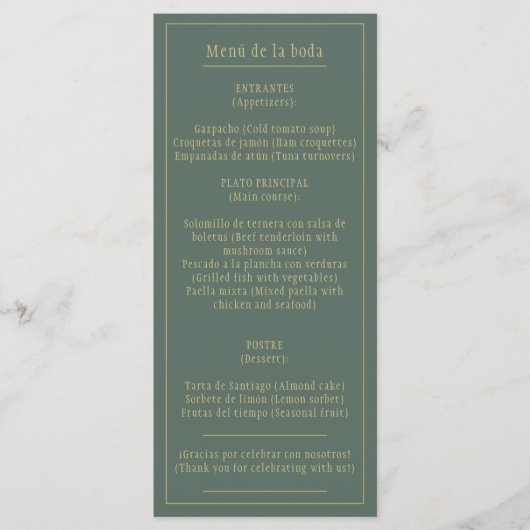 Menú Bodas Oro Verde Oliva Bilingüe Español Inglés Menu (Voorkant)