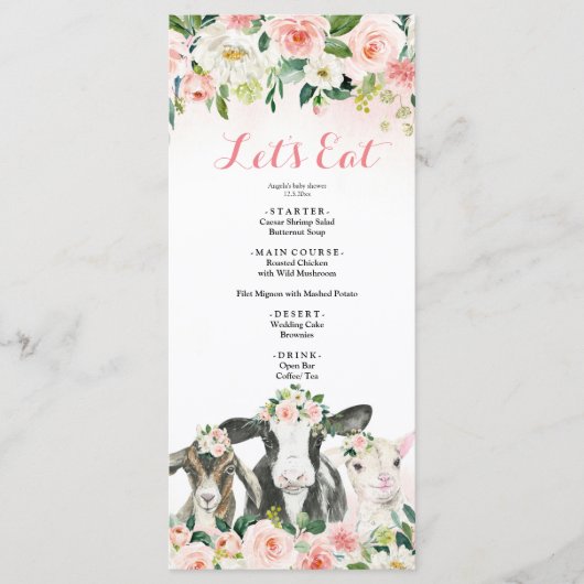 Menu boerderij Animal Floral Girl Baby shower (Voorkant)