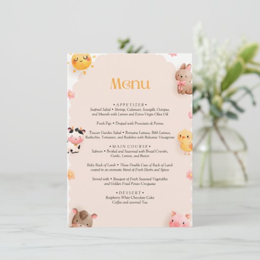 Menu Boerderijdieren Baby shower (Staand voorkant)