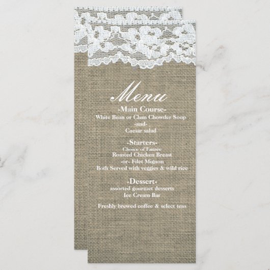 Menu BORlap & Lace Simple Rustic Elegant Wedding (Voorkant / Achterkant)