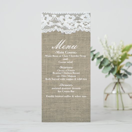 Menu BORlap & Lace Simple Rustic Elegant Wedding (Staand voorkant)