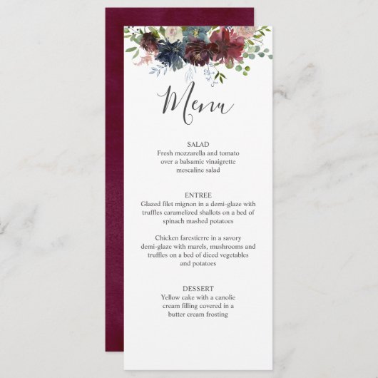 Menu Bourgogne en Blue Floral Wedding (Voorkant / Achterkant)