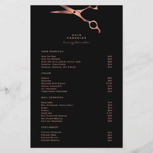 Menu brochure zwarte haarSalon Copper Price List (Voorkant)