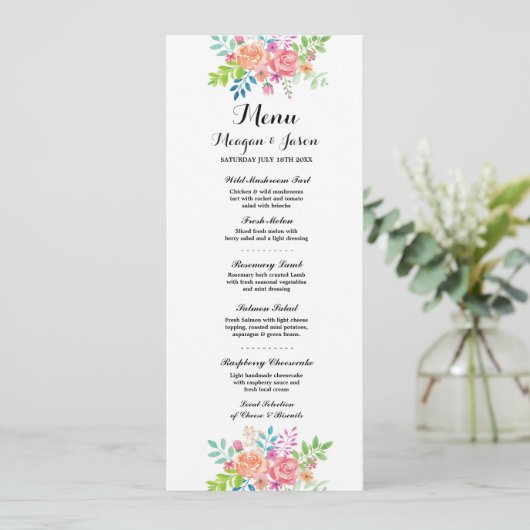 Menu Bruiloftsreceptie Elegante Bloemen Kaarten (Staand voorkant)