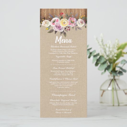 Menu Bruiloftsreceptie Rustieke Jute Hout Bloem (Staand voorkant)