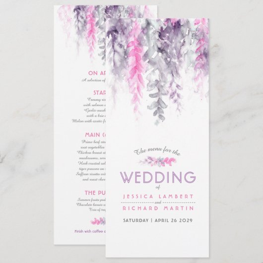 Menu cascading roze paarse bloemige waterverf (Voorkant / Achterkant)