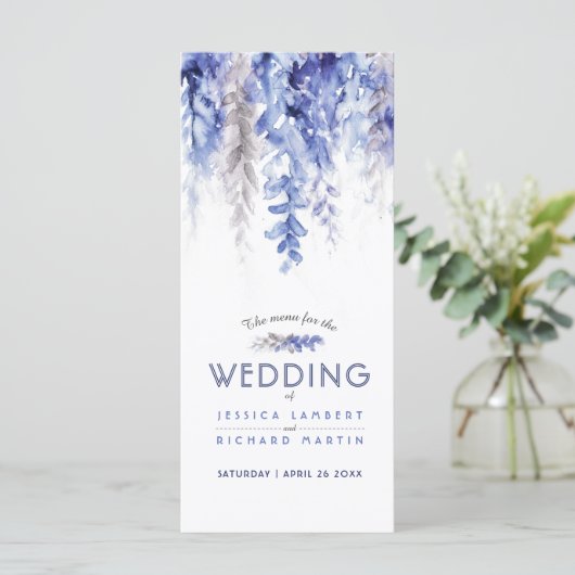 Menu cascading waterverf blauw grijs winterbruilof (Staand voorkant)