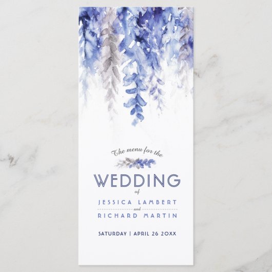 Menu cascading waterverf blauw grijs winterbruilof (Voorkant)