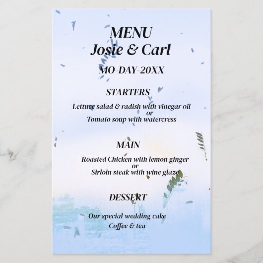 Menu Casual droom pastel blauw blad achtergrond (Voorkant)