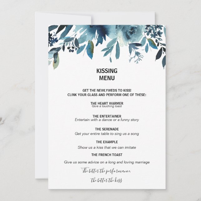 Menu Celestial Navy Blue Floral Kissing (Voorkant)