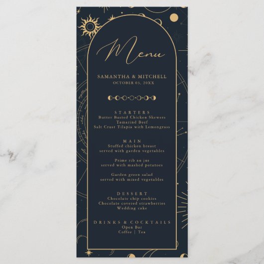 Menu Celestial Sun en Moon Gold en Navy (Voorkant)