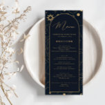 Menu Celestial Sun en Moon Gold en Navy<br><div class="desc">Deze unieke, aanpasbare trouwmenukaart is ontworpen om te coördineren met ons Celestial Mystic Collectie en biedt prachtige gouden hemellichamen op een donkere marinekleur. Voor een meer geavanceerde aanpassing van dit ontwerp, bijvoorbeeld het wijzigen van de lay-out, het lettertype of de tekstgrootte, klikt u hierboven op de knop "AANPASSEN". Neem contact...</div>