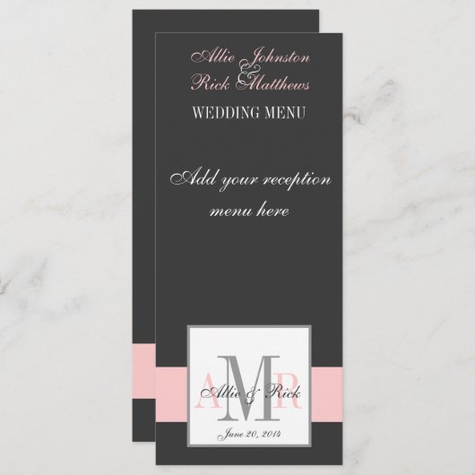 Menu Charcoal Pink Monogram Weddenschap (Voorkant / Achterkant)
