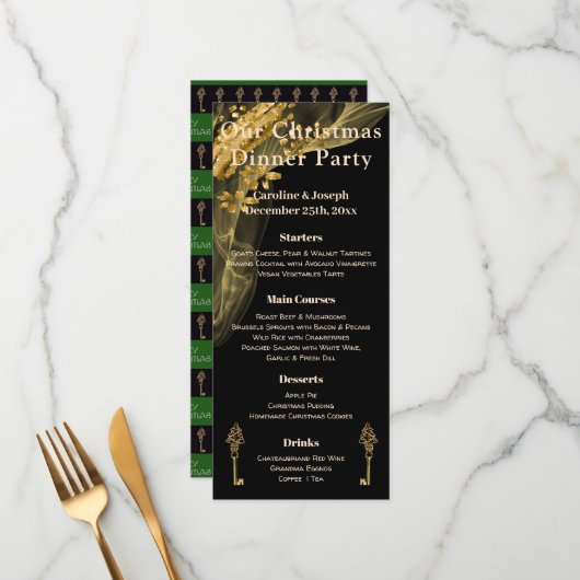 Menu Chic Black & Gold Kerstmis met kerstboom (Voorkant / Achterkant in situ)