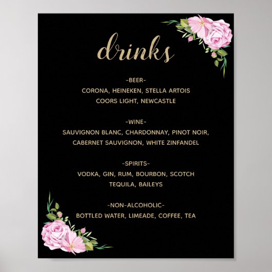 Menu Chic Black Roze Roses Drinken Poster (Voorkant)