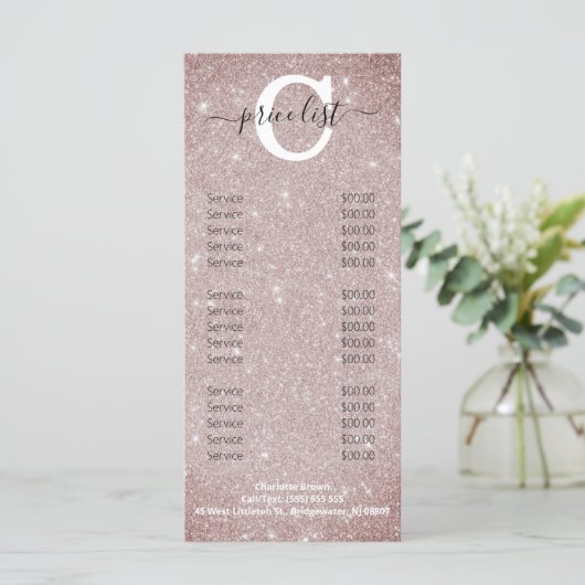 Menu Chic Blush Pink Glitter Monogram Salon Nails (Staand voorkant)