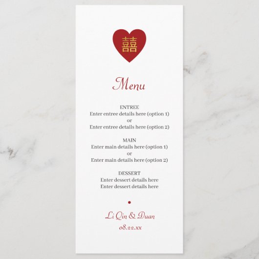 Menu Chinees Double Happiness Red Gold Wedding (Voorkant)