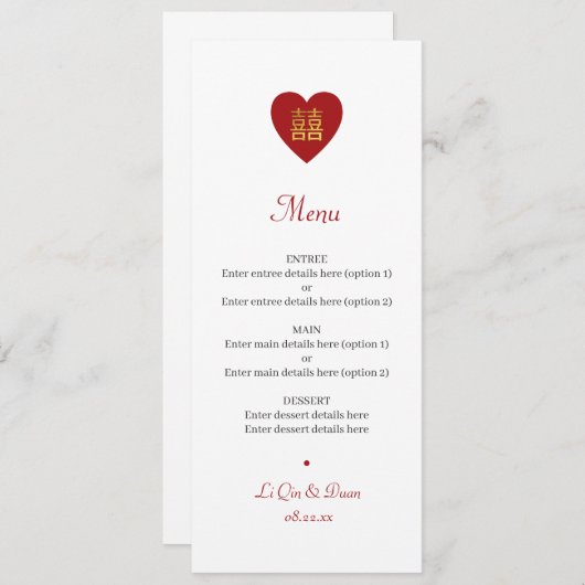 Menu Chinees Double Happiness Red Gold Wedding (Voorkant / Achterkant)