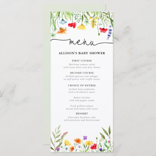 Menu Colorful wildflower Spring baby shower (Voorkant / Achterkant)