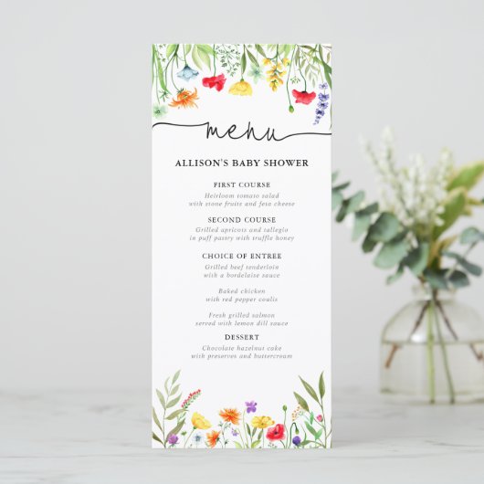 Menu Colorful wildflower Spring baby shower (Staand voorkant)