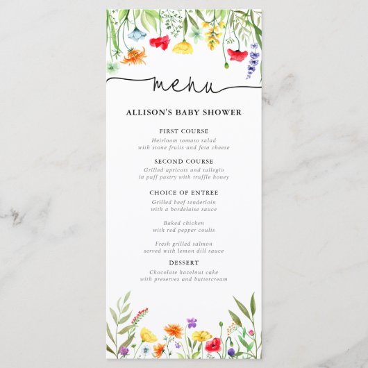 Menu Colorful wildflower Spring baby shower (Voorkant)