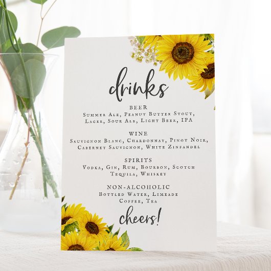 Menu Country Sunflower Wedding Drink Sign Reclamebord Met Voetstuk