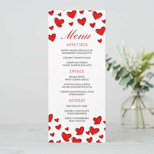 Menu Cute Red Hearts Valentijnsdag (Staand voorkant)