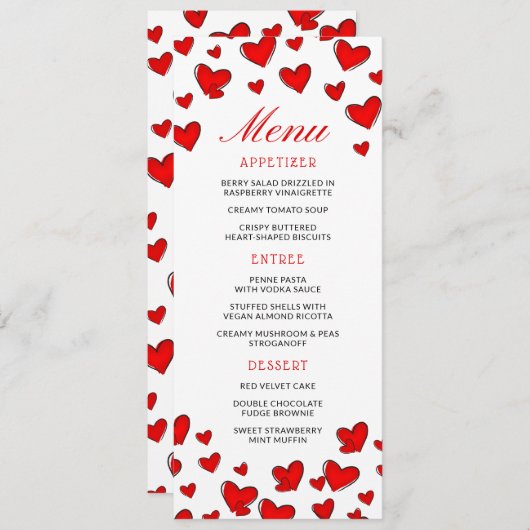 Menu Cute Red Hearts Valentijnsdag (Voorkant / Achterkant)