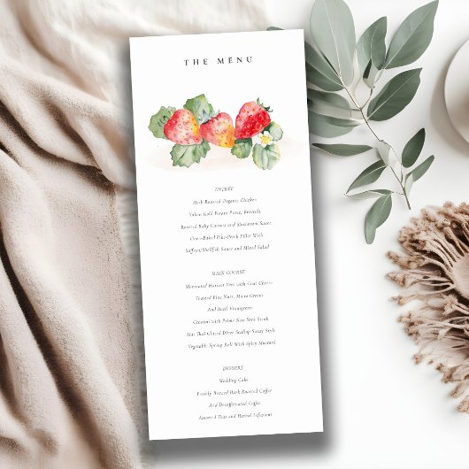 Menu Cute Red Strawberry Leafy Foliage Weddenschap Kaart