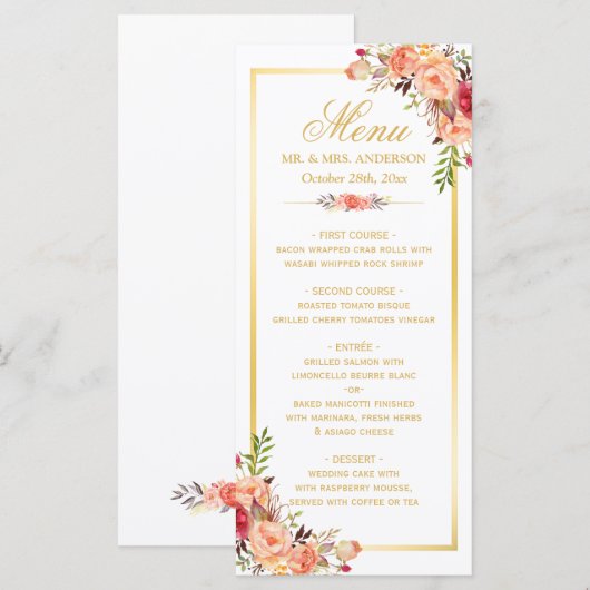 Menu Dall Wedding Rustic Coral Floral Gold Lijst (Voorkant / Achterkant)