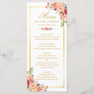 Menu Dall Wedding Rustic Coral Floral Gold Lijst