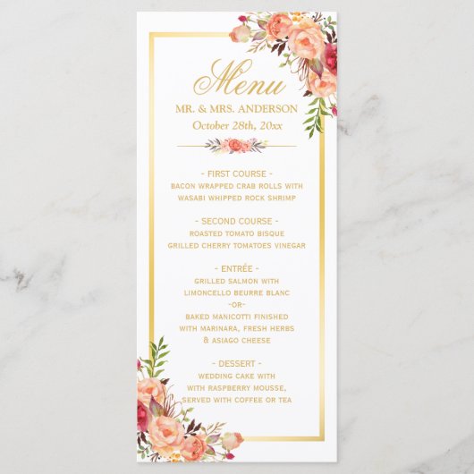 Menu Dall Wedding Rustic Coral Floral Gold Lijst (Voorkant)