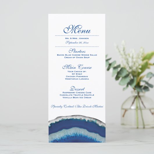 Menu Diner | Blue Agate bruiloft receptie (Staand voorkant)