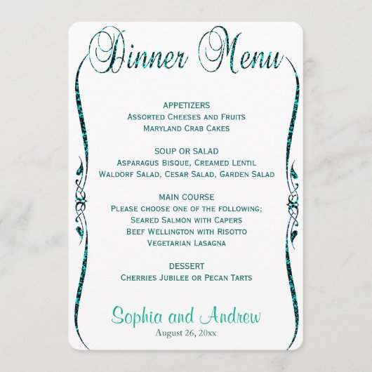 Menu Diner | Elegante Blauwgroen glitter (Voorkant)