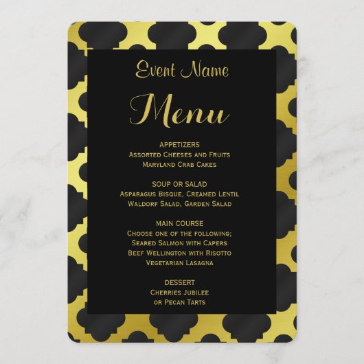 Menu Diner | Goud en zwart quatrefoil (Voorkant)