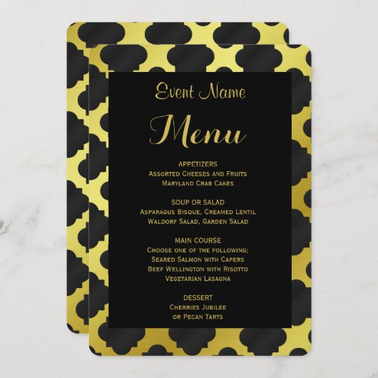 Menu Diner | Goud en zwart quatrefoil (Voorkant / Achterkant)