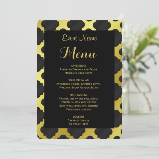 Menu Diner | Goud en zwart quatrefoil (Staand voorkant)