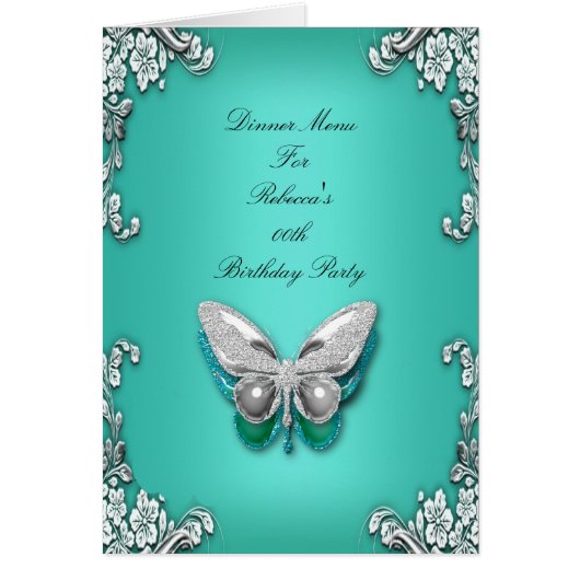 Menu Dinerkaart Zilver Teal Blauwe Vlinder (Voorkant)